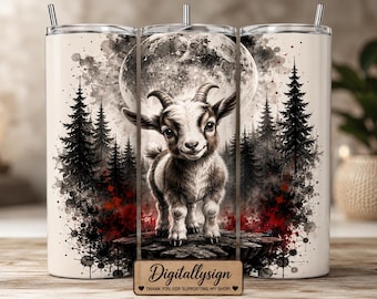 Capa para copo térmico com estampa de cabra na floresta em lua cheia, design de animais de fazenda em aquarela (Download digital)