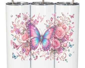 Tumbler wrap met juwelen vlinder, png | Roze bloemenglittersublimatieontwerp (digitale download)