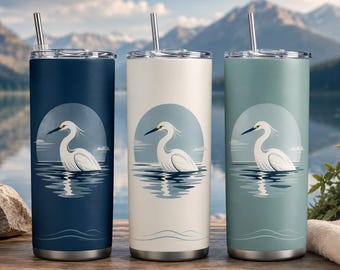 Adesivo para copo térmico com garça elegante em PNG | Design minimalista de pássaro em aquarela para sublimação (Download digital)