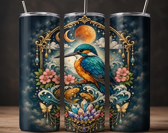 Capa para copo térmico com desenho de pássaro martim-pescador e arte fantástica de carpa koi celestial (design digital)