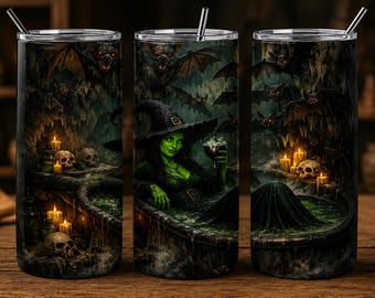 Adesivo para copo térmico com bruxa gótica, estampa de morcegos e caveiras para o Halloween (download digital)