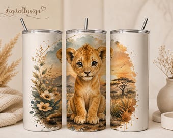 Capa para copo térmico com filhote de leão, estampa aquarela de pôr do sol em safári (copo fino de 590ml)
