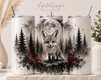 Adesivo para copo térmico Fox Moon Forest, estampa de vida selvagem em aquarela por sublimação (download digital)