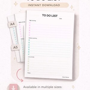 Puede incluir: Una lista de tareas imprimible con el texto "TO DO LIST" y "DESCARGA INSTANTÁNEA". El diseño incluye secciones para tareas de alta, media y baja prioridad, y notas. Disponible en tamaños A4, A5 y Carta.
