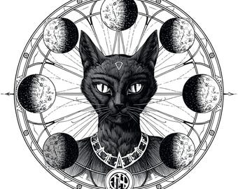 Occult Cat Moon Phase Clipart, Mystical Animal Symbols, Gothic Engraving Art (Digital Download)