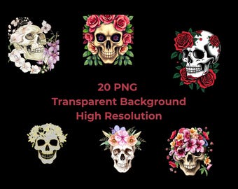 Floral Skull PNG Clipart Bundle – Gothic Tattoo Designs (Digital Download, 20 Files)