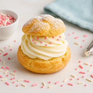 Pode incluir: Um pastel de nata recheado com creme branco e decorado com granulado rosa. Uma tigela de granulado e um saco de pasteleiro estão no fundo. O pastel é polvilhado com açúcar de confeiteiro.
