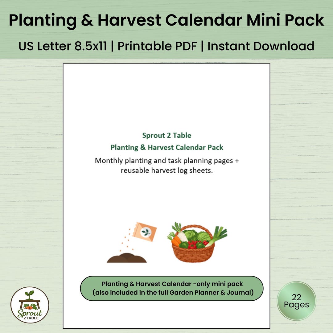 Planting & Harvest Calendar Printable, Monthly Garden Planner, Harvest ...