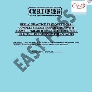 Op de afbeelding: Lichtblauw document met het woord "CERTIFIED" in een zwarte stempel. Het document bevat tekst over HESI A2 oefentests, examenvoorbereiding en antwoorden, met de jaren 2026/2027.