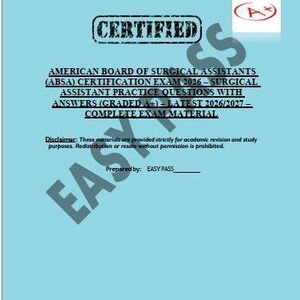 Puede incluir: Documento azul claro con el texto "CERTIFIED" e información sobre el examen de certificación de la Junta Americana de Asistentes Quirúrgicos. El documento incluye el texto "PREGUNTAS DE PRÁCTICA CON RESPUESTAS" y un logotipo. La palabra "EASY" está en el fondo.