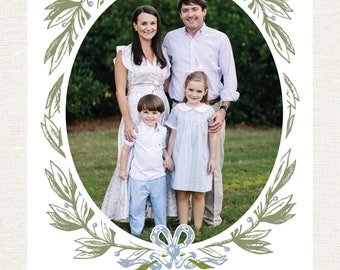 Watercolor Green and Blue Border Christmas Card with Oval Photo