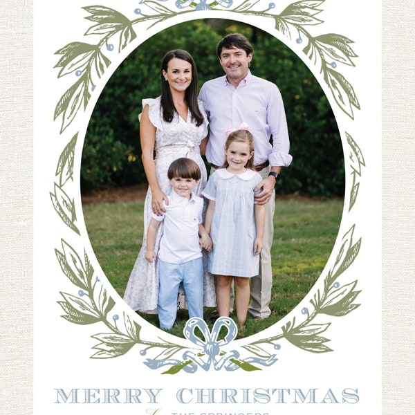 Watercolor Green and Blue Border Christmas Card with Oval Photo