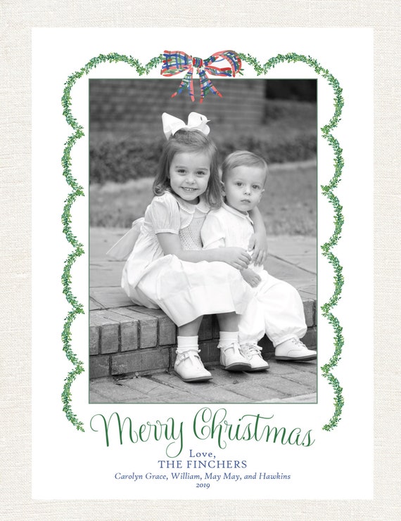 Watercolor Boxwood and Plaid Christmas Card