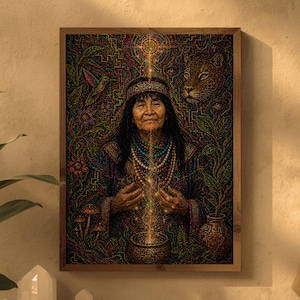 May include: A framed art print featuring a detailed, colorful illustration of an older person with a headdress and beaded necklaces. The artwork includes a hummingbird, a jaguar, and other symbolic elements, with a warm, earthy color palette.