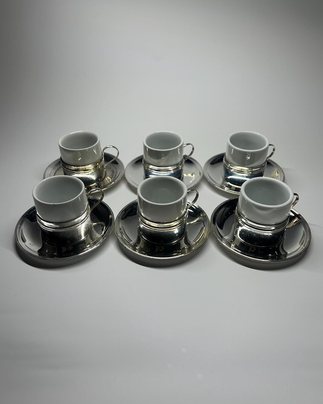 Set of 6 White Ceramic Coffee Cups, With Silver Metal Stands and ...