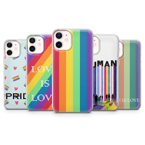 May include: A collection of phone cases with various designs. One case features a rainbow stripe pattern, while others display the words "LOVE IS LOVE" and "PRIDE". Another case has the word "HUMAN" with a colorful background.