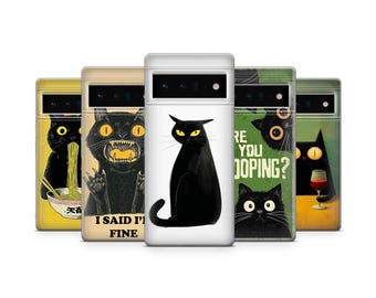 Black Cat Phone Case Animal Funny Kitten Cover for Pixel 10, 9A, 8A, 7A, 6A Samsung S25, S24, S23, A16 iPhone 17, 16, 15, 14, 13