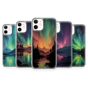 May include: A collection of five phone cases featuring a landscape design. The cases display a vibrant aurora borealis scene with colorful skies, mountains, and a reflective lake. The cases are clear with a protective design.