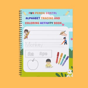 Peut inclure: Un cahier d'activités à spirales intitulé "FUN PENCIL CONTRL ALPHABET TRACING AND COLORING ACTIVITY BOOK." La couverture présente des illustrations d'enfants, de crayons et d'une pomme. Comprend des activités de traçage et de coloriage.