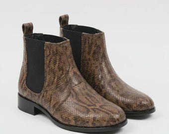 Snake Print Chelsea Boots Women | Brown Tan Embossed Leather Ankle Boots