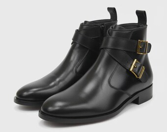 Men's Black Leather Jodhpur Boots | Double Gold Buckle Ankle Boots
