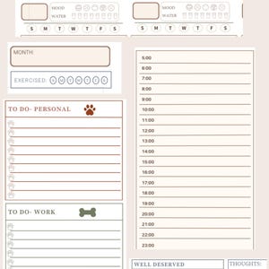 Pode incluir: Um planejador de agenda di&aacute;ria bege com se&ccedil;&otilde;es para humor, ingest&atilde;o de &aacute;gua e exerc&iacute;cios. Inclui uma lista de tarefas para tarefas pessoais e de trabalho e uma se&ccedil;&atilde;o para pensamentos. Apresenta o texto "Daily Schedule" e uma cita&ccedil;&atilde;o.