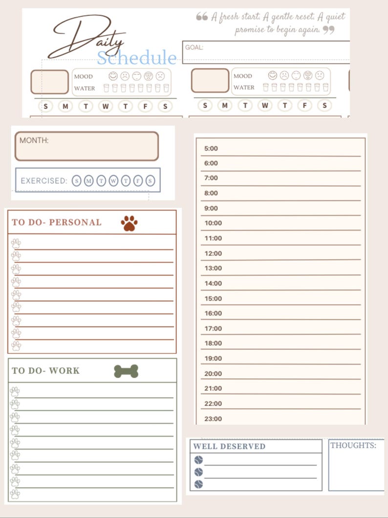Pode incluir: Um planejador de agenda di&aacute;ria bege com se&ccedil;&otilde;es para humor, ingest&atilde;o de &aacute;gua e exerc&iacute;cios. Inclui uma lista de tarefas para tarefas pessoais e de trabalho e uma se&ccedil;&atilde;o para pensamentos. Apresenta o texto "Daily Schedule" e uma cita&ccedil;&atilde;o.
