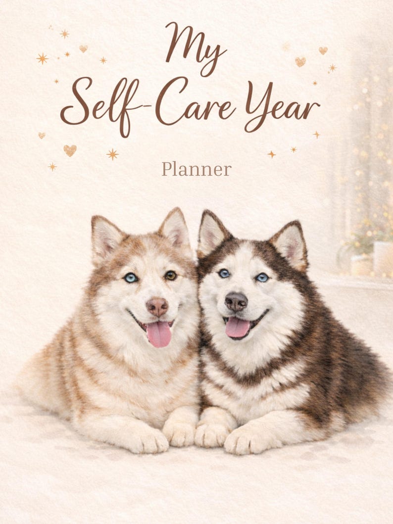 Pode incluir: Um planejador intitulado "My Self-Care Year" com dois Huskies Siberianos sorrindo. A capa do planejador tem estrelas e cora&ccedil;&otilde;es dourados. Um c&atilde;o tem olhos azuis, o outro tem um olho azul e um castanho.