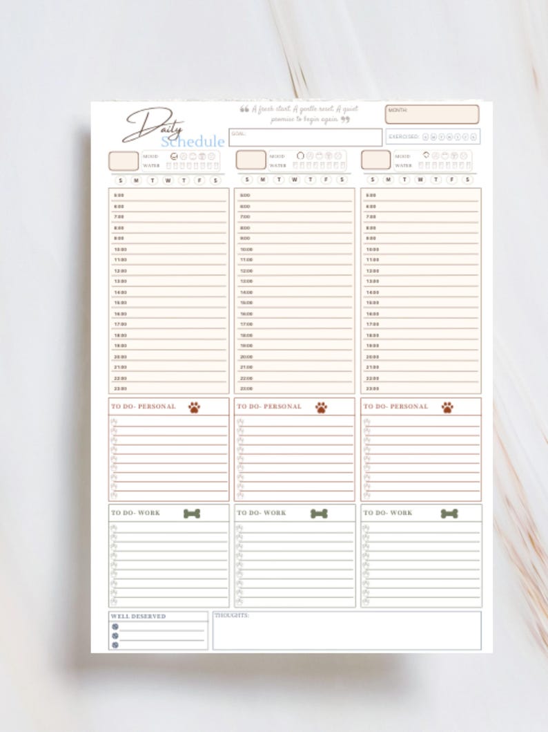 Pode incluir: Um planejador Daily Schedule com fundo creme. Inclui se&ccedil;&otilde;es para metas, ingest&atilde;o de &aacute;gua, exerc&iacute;cios e um cronograma di&aacute;rio das 6h00 &agrave;s 23h00. Tamb&eacute;m possui se&ccedil;&otilde;es para listas de tarefas pessoais e de trabalho, e um espa&ccedil;o para pensamentos.