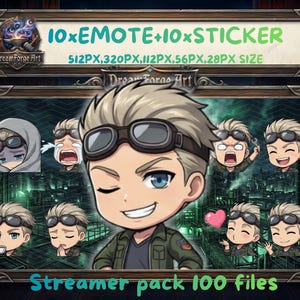May include: Digital art pack for streamers featuring a cartoon character with various expressions. The image includes the text "10xEMOTE+10xSTICKER" and "Streamer pack 100 files". The character wears aviator goggles and a green jacket.