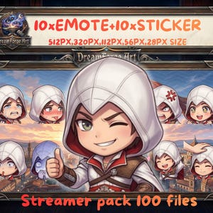 May include: Digital art featuring a collection of emotes and stickers. The image showcases a central character with various facial expressions, surrounded by other character emotes. Text at the top reads "10xEMOTE+10xSTICKER" and "Streamer pack 100 files".