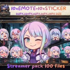 May include: Digital art pack featuring anime-style emotes and stickers. The image showcases a collection of chibi-style characters with various expressions, including crying, anger, and joy. The text reads "10xEMOTE+10xSTICKER" and "Streamer pack 100 files".