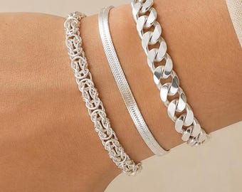 925 Sterling Silver Chain Bracelet, Curb Link Snake Byzantine Chain,Chunky Silver Bracelet, Unisex Handmade Silver Jewelry,Gift For Husband