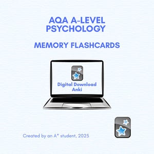 May include: Digital flashcards for AQA A-Level Psychology, displayed on a laptop screen. The image includes the text "Digital Download Anki" and a star icon. The title "AQA A-Level Psychology Memory Flashcards" is at the top of the image.
