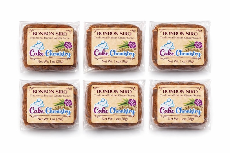 May include: Six individually wrapped Bonbon Siro, a traditional Haitian ginger sweet, each with a label featuring the text "Cake Chemistry." Each sweet weighs 28g. The labels include a graphic of a cupcake, ginger, and a purple flower.