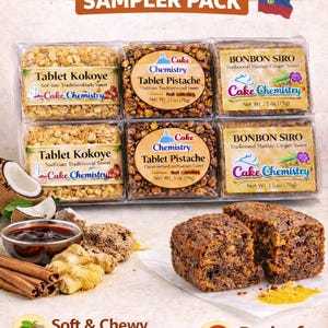 May include: A sampler pack of Haitian traditional sweets, including Tablet Kokoye, Tablet Pistache, and Bonbon Siro. The image shows six packs of sweets, with additional ingredients like coconut and ginger. The text reads "Soft & Chewy" and "Authentic Haitian Flavors."