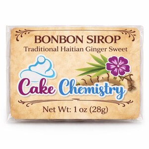 May include: A rectangular package with the text "BONBON SIROP" and "Traditional Haitian Ginger Sweet." The package features a cupcake illustration, a purple flower, and the words "Cake Chemistry." Net weight is 28g.