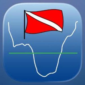 May include: A blue app icon features a red and white dive flag above a white line graph. The text "Dive Log" and "Sports" are displayed in white. A share button is also visible.