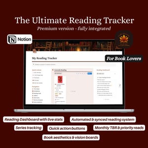 May include: A laptop screen displays a reading tracker interface with the text "The Ultimate Reading Tracker." The interface includes sections for quick actions, currently reading, and a reading dashboard. Additional text includes "For Book Lovers" and "Premium version - fully integrated."