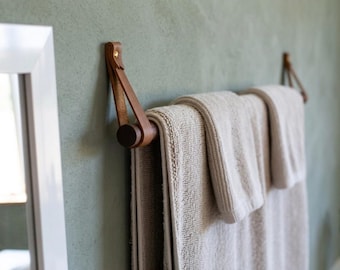 Leather Strap Towel Holder, Brass Rail for Bathroom Kitchen Laundry, Mug Rack Storage