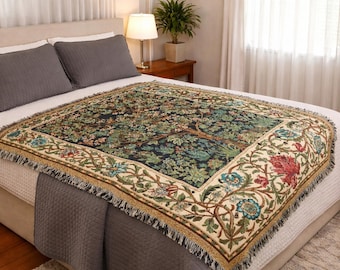 Tree of Life Inspired Cotton Woven Throw Blanket – Arts & Crafts Style – USA Made
