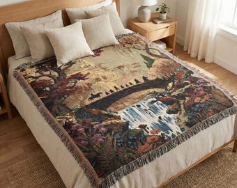 Elven Realm Adventure Throw Blanket – Mythical Cityscape Woven Tapestry, Magical Fantasy Reader Gift
