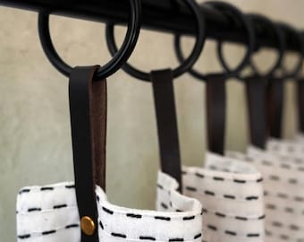 Brass Shower Curtain Hooks with Leather Straps – Stainless Steel Curtain Rings, Modern Bathroom Decor