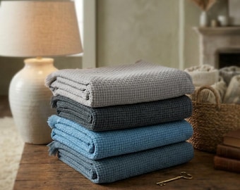 Stonewashed Turkish Cotton Throw – Basket Weave Sofa Blanket, Soft Cozy Home Decor