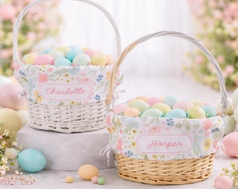 Custom Floral Easter Basket – Personalized Wicker Bunny Egg Hunt Bucket for Kids