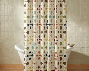 Retro Geometric Shower Curtain, Mid Century Modern Bath Decor, Cream Teal Mustard Rust