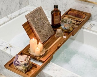 Acacia Wood Bathtub Tray with Book Holder, Spa Bath Caddy Gift for Her Him