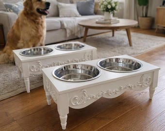 Elegant Raised Pet Bowl Stand for Dogs & Cats – Vintage Scroll Double Feeder Table