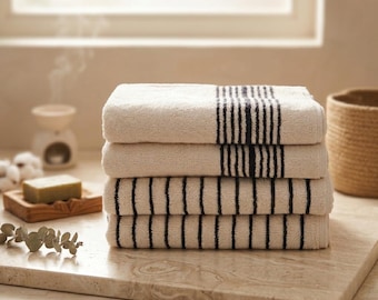 Turkish Cotton Towel Set Beige and Black Striped Soft Bath Towels Home Decor Style