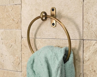 Antique Brass Towel Ring Solid Heavy Unlacquered Minimalist Handcrafted Bathroom Hardware
